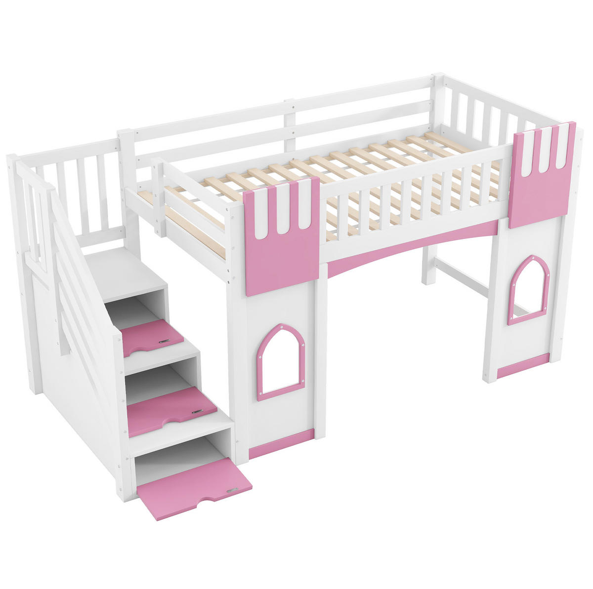 HOCHBETT 90/200 cm aus MDF, Kiefer und Sperrholz mit Stauraumtreppe und Fenstern Weiß/Rosa - Weiß, Holzwerkstoff (90/200cm) - Modenvie