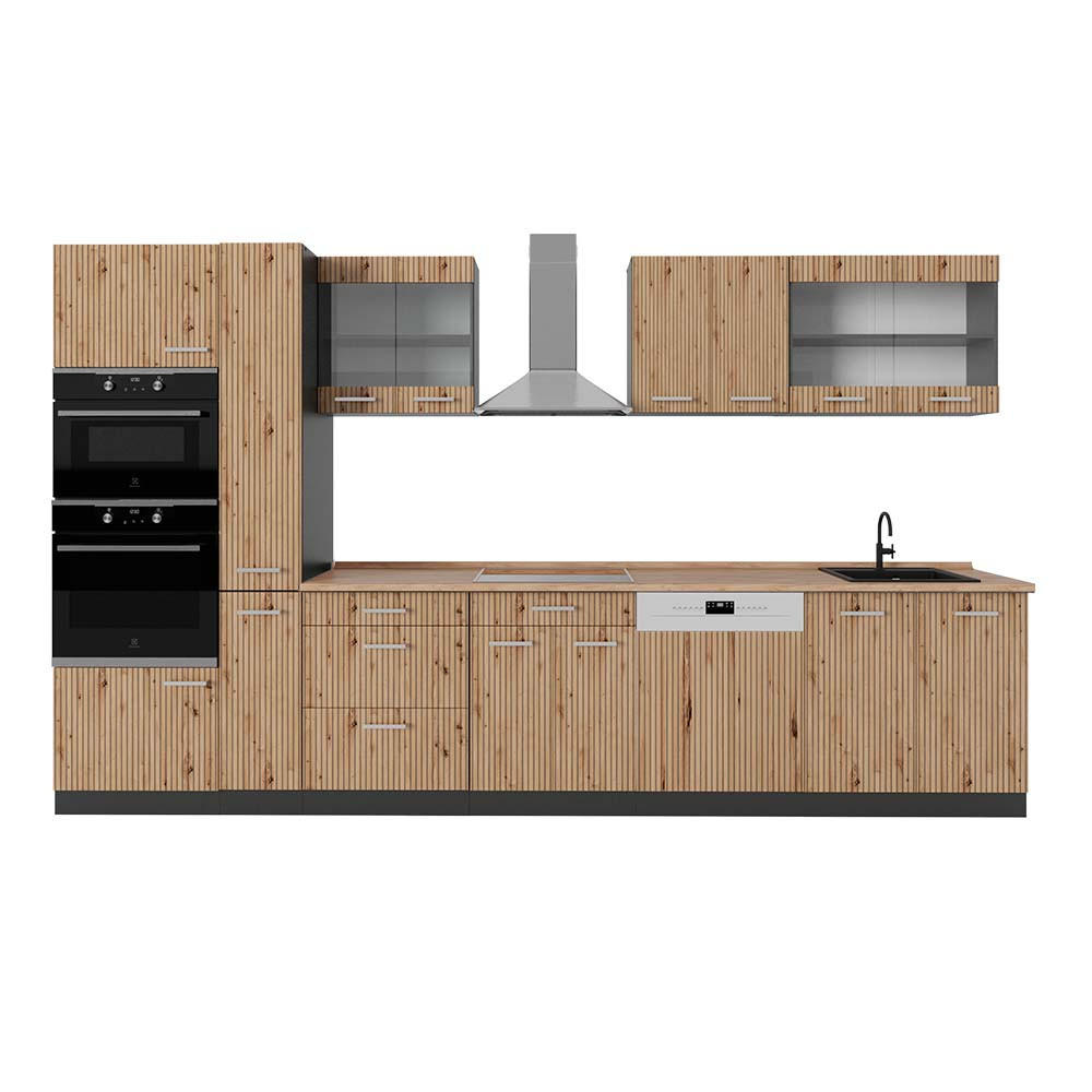 KÜCHENZEILE R-Line Artisan Eiche/Anthrazit 350 cm mit Hochschrank, AP Eiche - Anthrazit/Eiche Artisan, Holzwerkstoff (350/81.6/60cm) - Vicco
