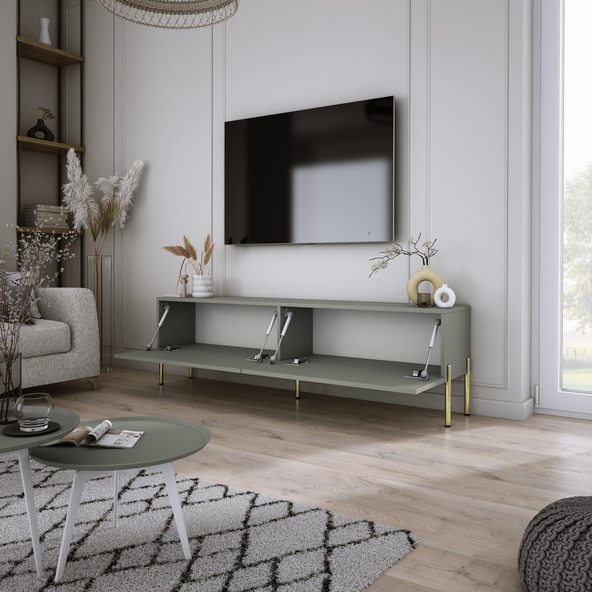 TV-SCHRANK : Aloe, 140 x 52 x 32 cm, Goldene Beine - Goldfarben/Grün, Holzwerkstoff/Metall (140/52/32cm) - 3XE LIVING