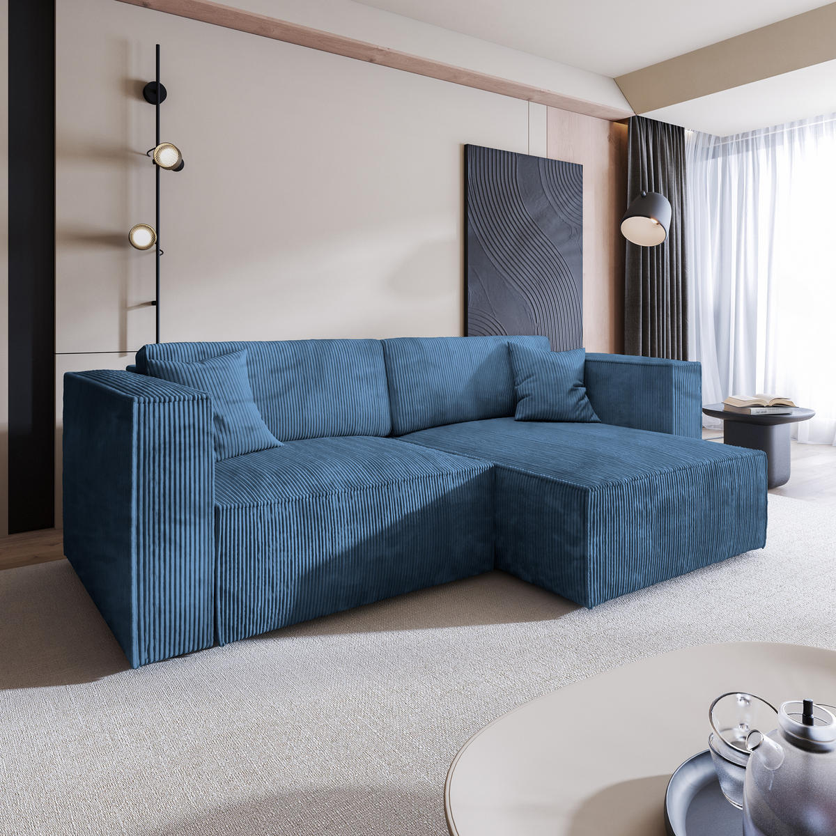 ECKSOFA NERIO P Blau Kordstoff mit Schlaffunktion - Blau, Holz (245/148cm) - MASSENO
