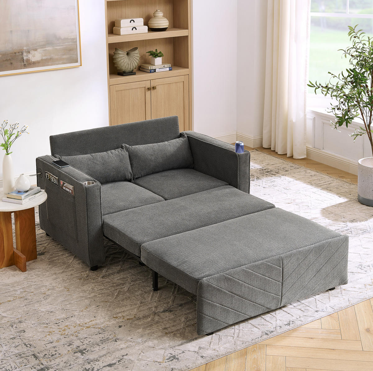 SCHLAFSOFA 2-Sitzer aus Holz und Stoff mit USB-Ladefunktion Dunkelgrau - Dunkelgrau, Holz (134/73/195cm) - Modenvie