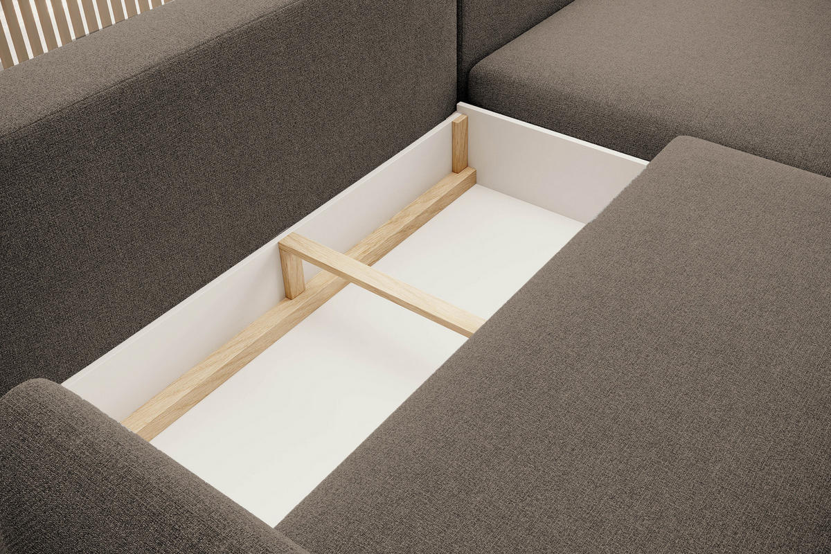ECKSOFA BONO Stilvolles Sofa mit Schlaffunktion, Robuste Holzfüße, Elegante Armlehnen, Tiefe Sitzfläche 226x164x88cm, Linke, Hellbraun - Hellbraun, Holz/Textil (164/226cm) - DomoHome