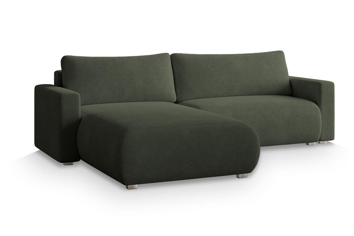 ECKSOFA TURIN N Grün Bucle-Stoff mit Schlaffunktion - Grün, Holz (265/183cm) - MASSENO