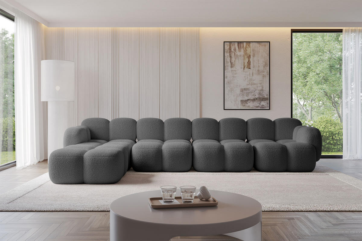 ECKSOFA modulares Sofa Links Miko-L3 390x205x75 Grau Bouclé - Chromfarben/Schwarz, Holzwerkstoff/Kunststoff (390/205cm) - ALTDECOR