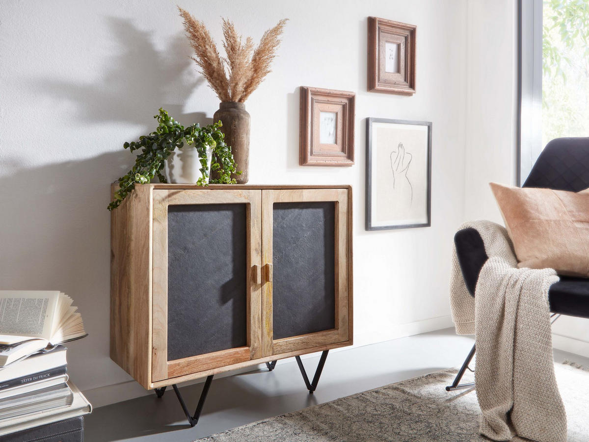 SIDEBOARD – Mangoholz, 80x75x35 cm, mit Stauraum, anthrazitfarbene Türen - Schwarz/Braun, Holz/Metall (80/75/35cm) - KADIMA DESIGN
