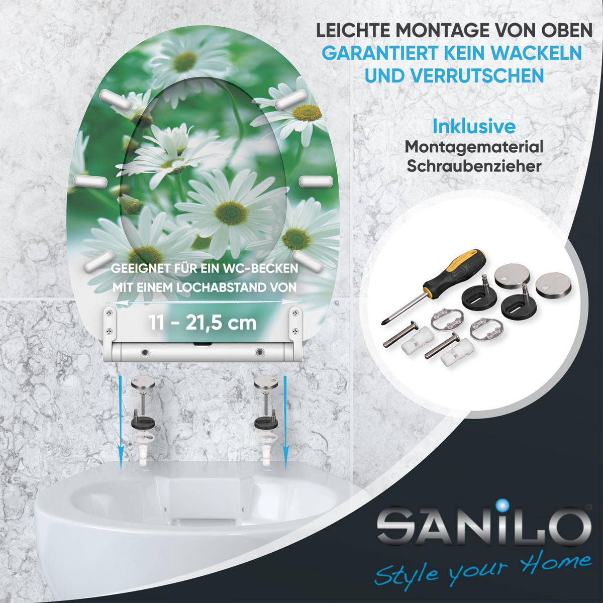 WC-SITZ mit Absenkautomatik & Top Fix Margeriten - Grün, Holzwerkstoff (37.7/5.5/48cm) - Sanilo