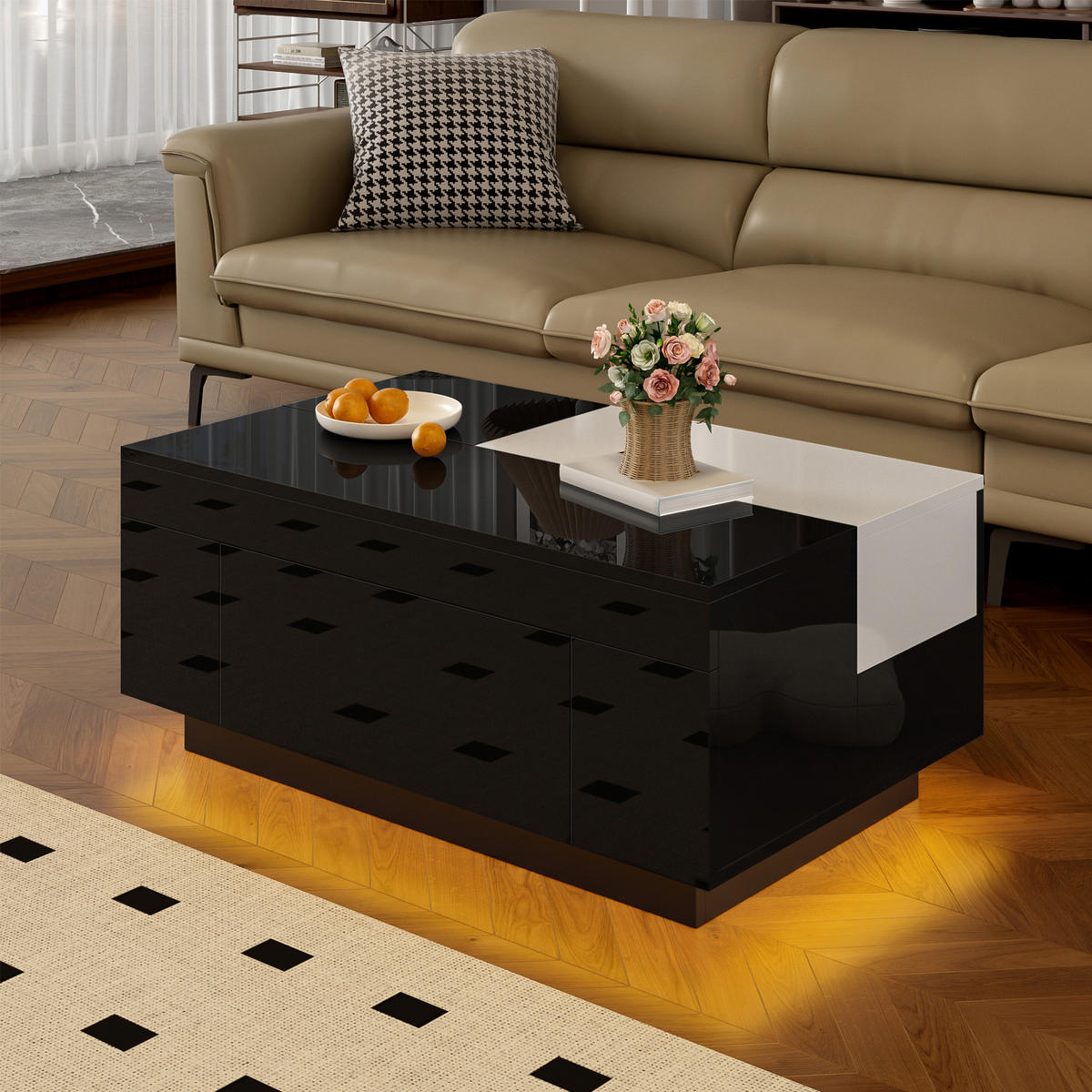 COUCHTISCH Schwarz-Weiß Hochglanz mit LED-Lichtband & ausziehbarer Platte 80×50×35,5 cm aus MDF - Schwarz, Holzwerkstoff (50/80/35.5cm) - Luhomfu