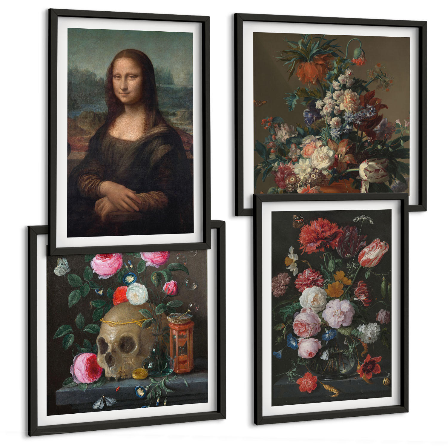BILDER SET 4er Set - 50x50 cm & 40x60 cm Schwarzer Rahmen - Vintage Blumen Totenkopf Mona Lisa - Schwarz, Kunststoff (50/50cm) - TULUP
