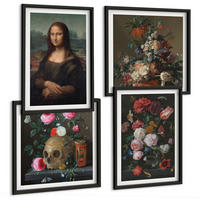 BILDER SET 4er Set - 50x50 cm & 40x60 cm Schwarzer Rahmen - Vintage Blumen Totenkopf Mona Lisa - Schwarz, Kunststoff (50/50cm) - TULUP