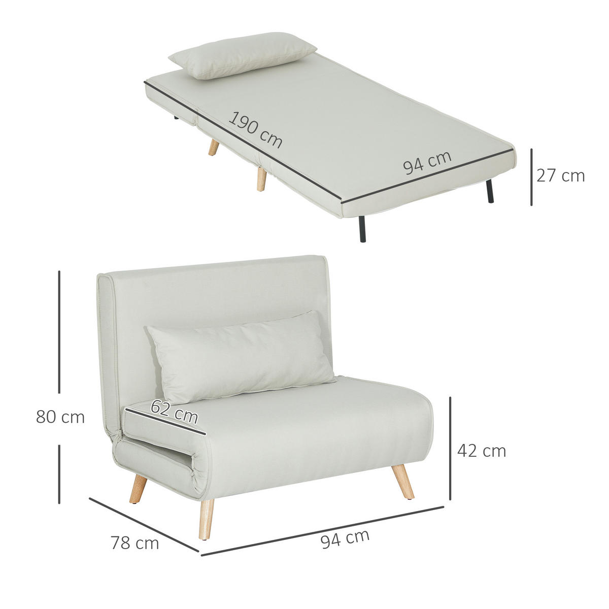 EINZELSOFA Sofabett Klappsofa verstellbar Rückenlehne nordisch skandinavisch - Creme/Naturfarben, Holz/Textil (78/80/94cm) - HOMCOM