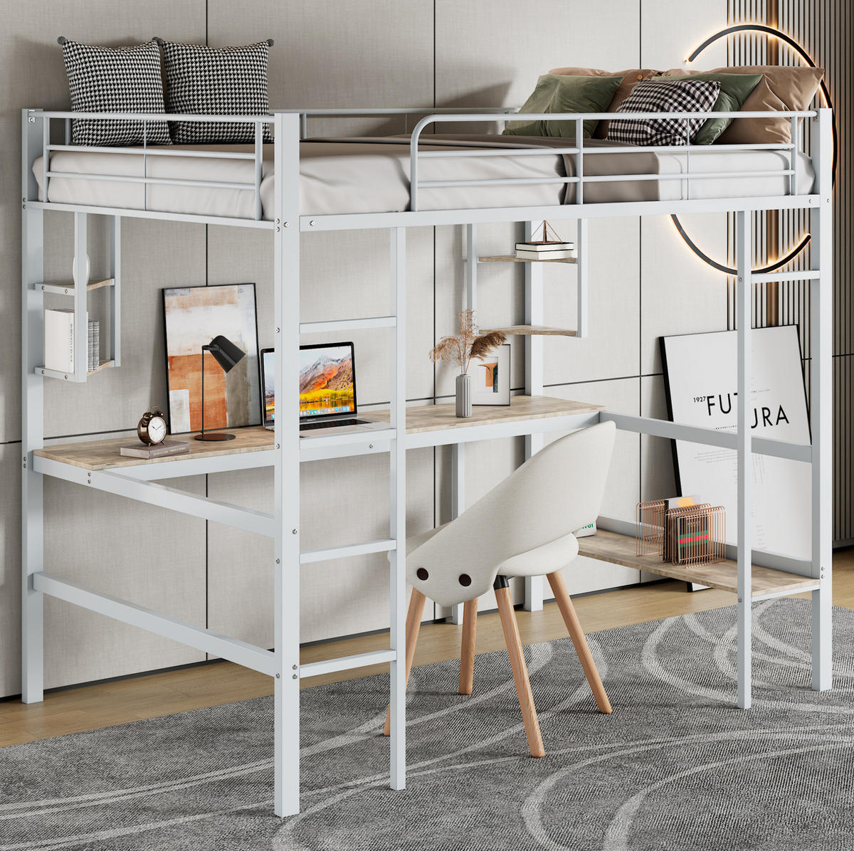 HOCHBETT 90/200 cm aus Metall mit Schreibtisch und Regal Weiß - Weiß, Metall (90/200cm) - Modenvie
