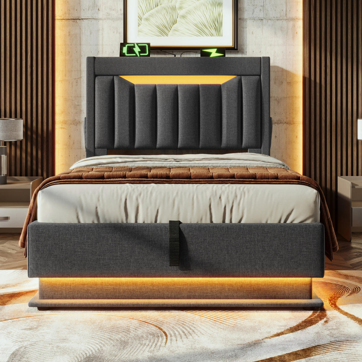 POLSTERBETT mit Stauraum und LED 90x200 cm Leinen Grau - Grau, Metall (90/200cm) - Meubliv