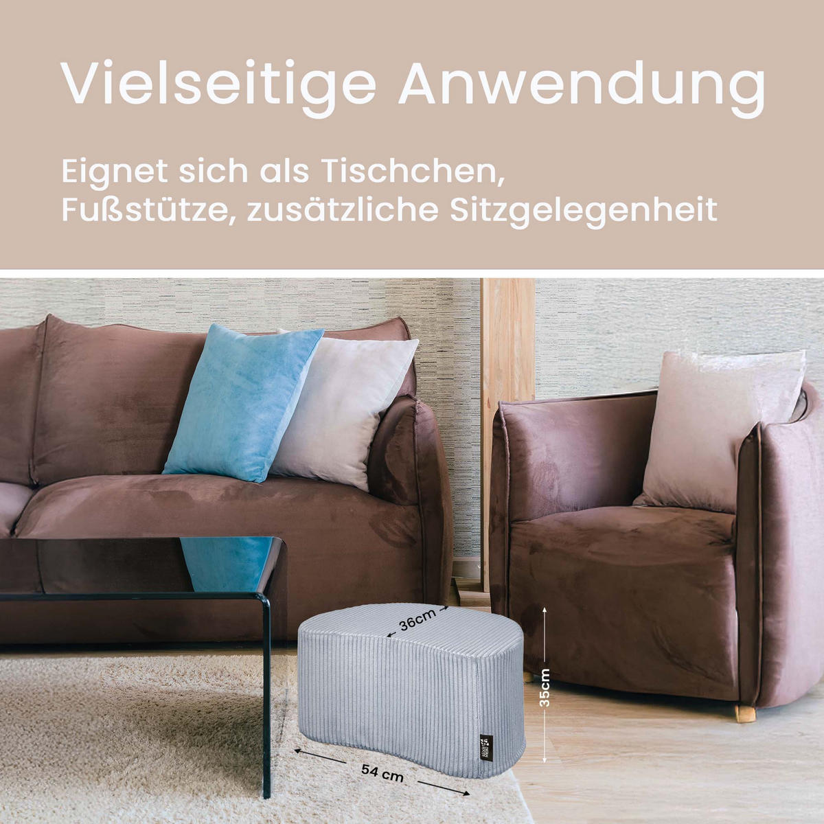 POUF HALBMOND Cord 54/36/35 cm leicht- Silver Pink - Hellrosa, Textil (36/35/54cm) - Dreamroots