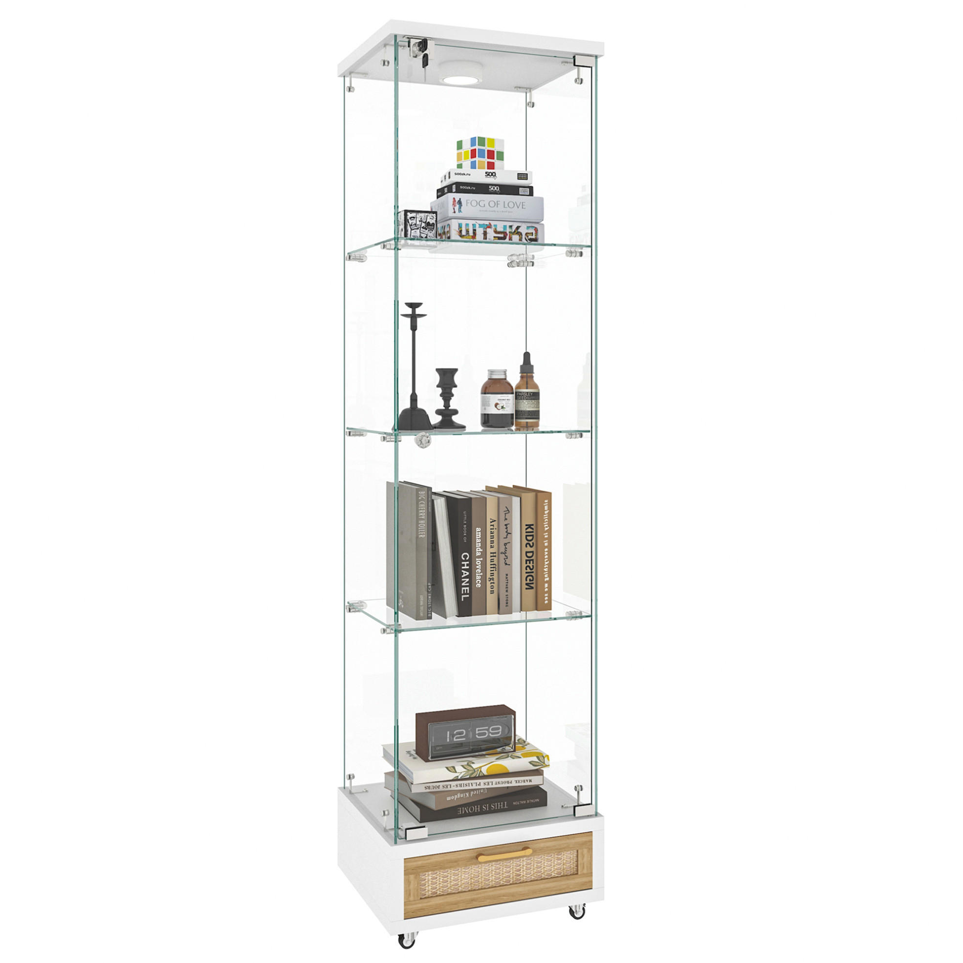 VITRÍNA 167/42,5/36,5 cm, MDF a sklo, biela, s LED osvetlením - biela, kompozitné drevo (42.5/167/36.5cm) - BEAOK