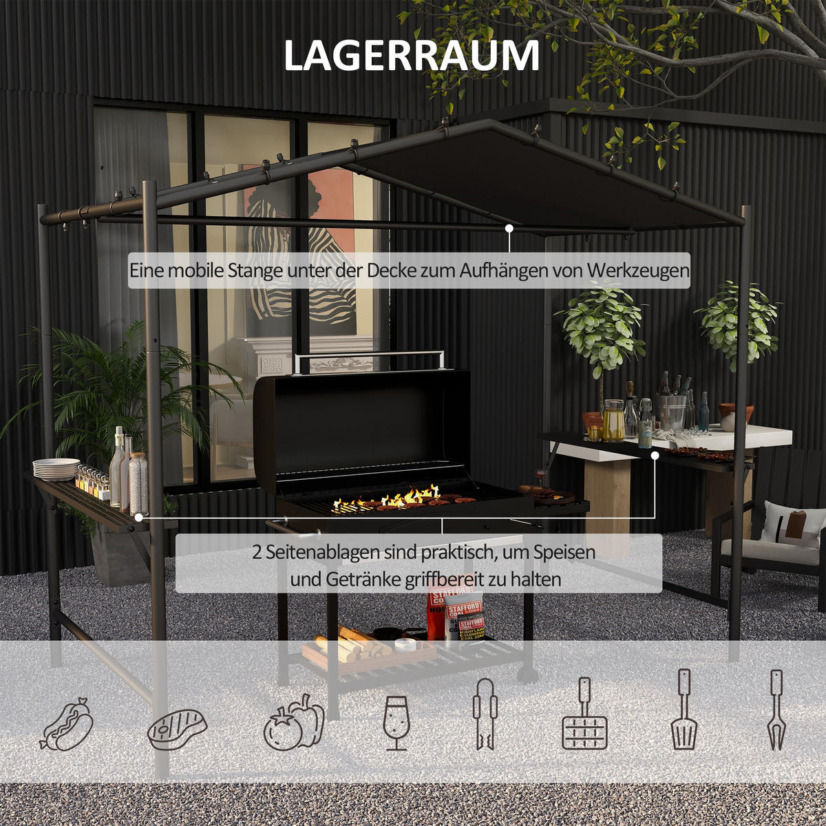 GRILLPAVILLON Stahl Dunkelgrau - Dunkelgrau, Kunststoff/Metall (149/230/277cm) - Outsunny
