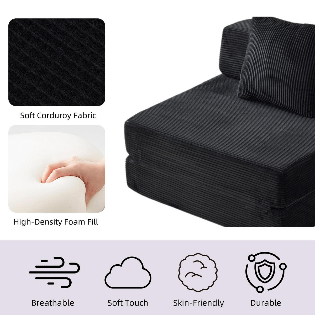 SCHLAFSOFA DE-33494 faltbar mit Rücken- und Armlehne Schwarz - Schwarz, Textil (92.5/60/92.5cm) - ComfortXL