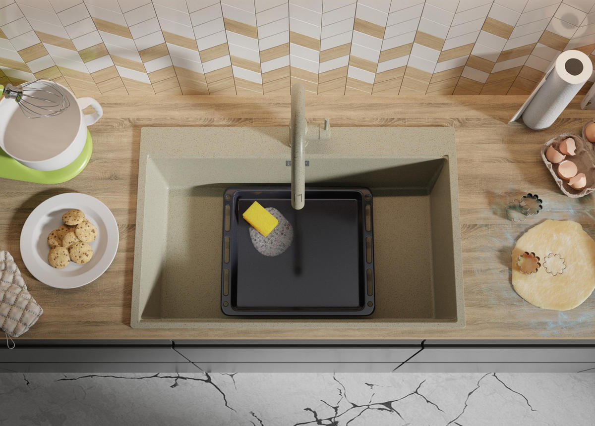 SPÜLBECKEN Oslo, 2-er set Beige 78/50 cm 1 Becken + Ablauf-Set + Schneidebrett ab 80er Unterschrank - Chromfarben/Beige, Kunststoff (78/20/50cm) - Primagran