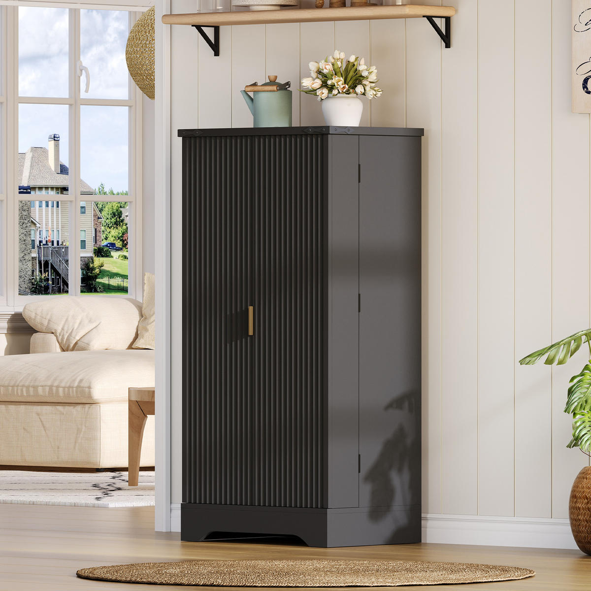 KÜCHENSCHRANK Schwarz aus MDF mit Rillentüren und Sensor-LED 60,5 × 40 × 120 cm - Schwarz, Holzwerkstoff (60.5/120/40cm) - Luhomfu