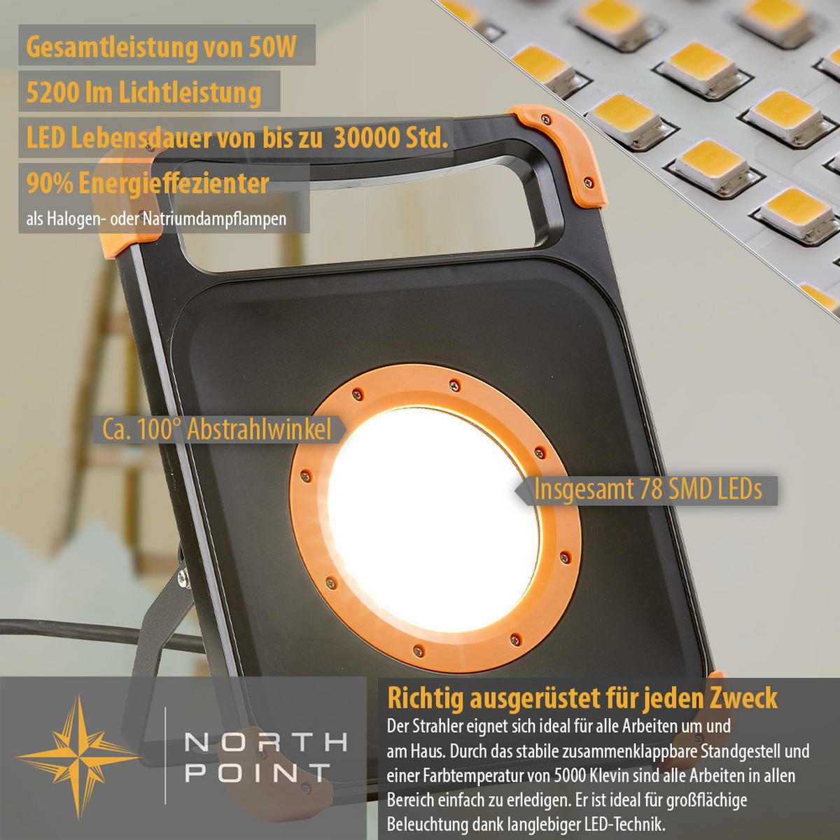 LED-BAUSTRAHLER - 50W mit stabilem Standgestell und 2 Steckdosen für handwerkliche Tätigkeiten, 5m Kabel, 2er-Set - Weiß, Metall (7.5/25.8/32.5cm) - Northpoint
