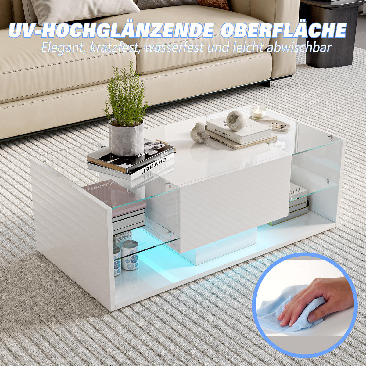 COUCHTISCH mit LED, Hochglanz Wohnzimmertisch, Weiß 100x50x35 cm - Weiß, Holz (50/100/35cm)