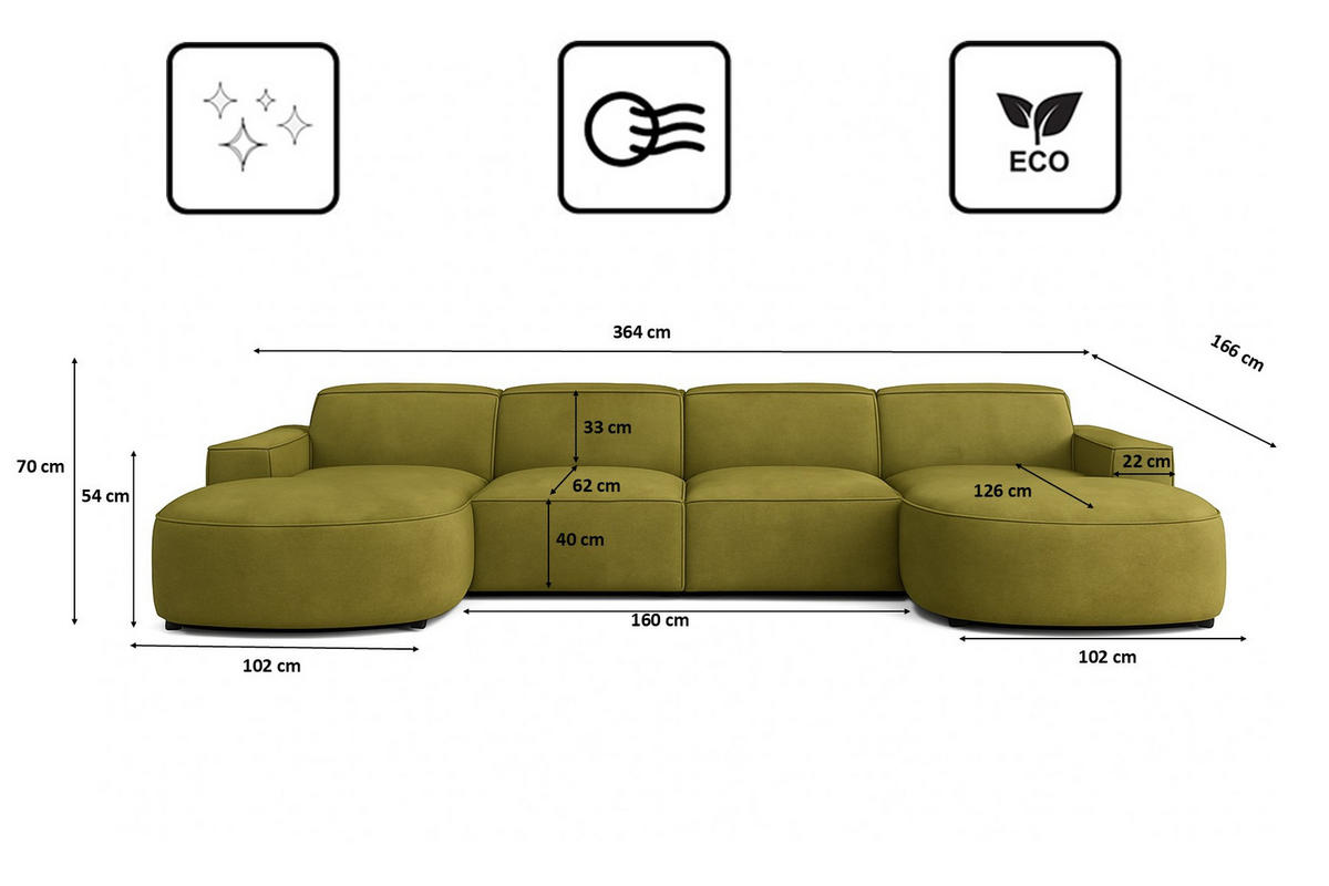 ECKSOFA Cursal Round U-Form, Stoff Salvador, Olive - Olivgrün, Holz (364/166cm) - Kaiser Möbel