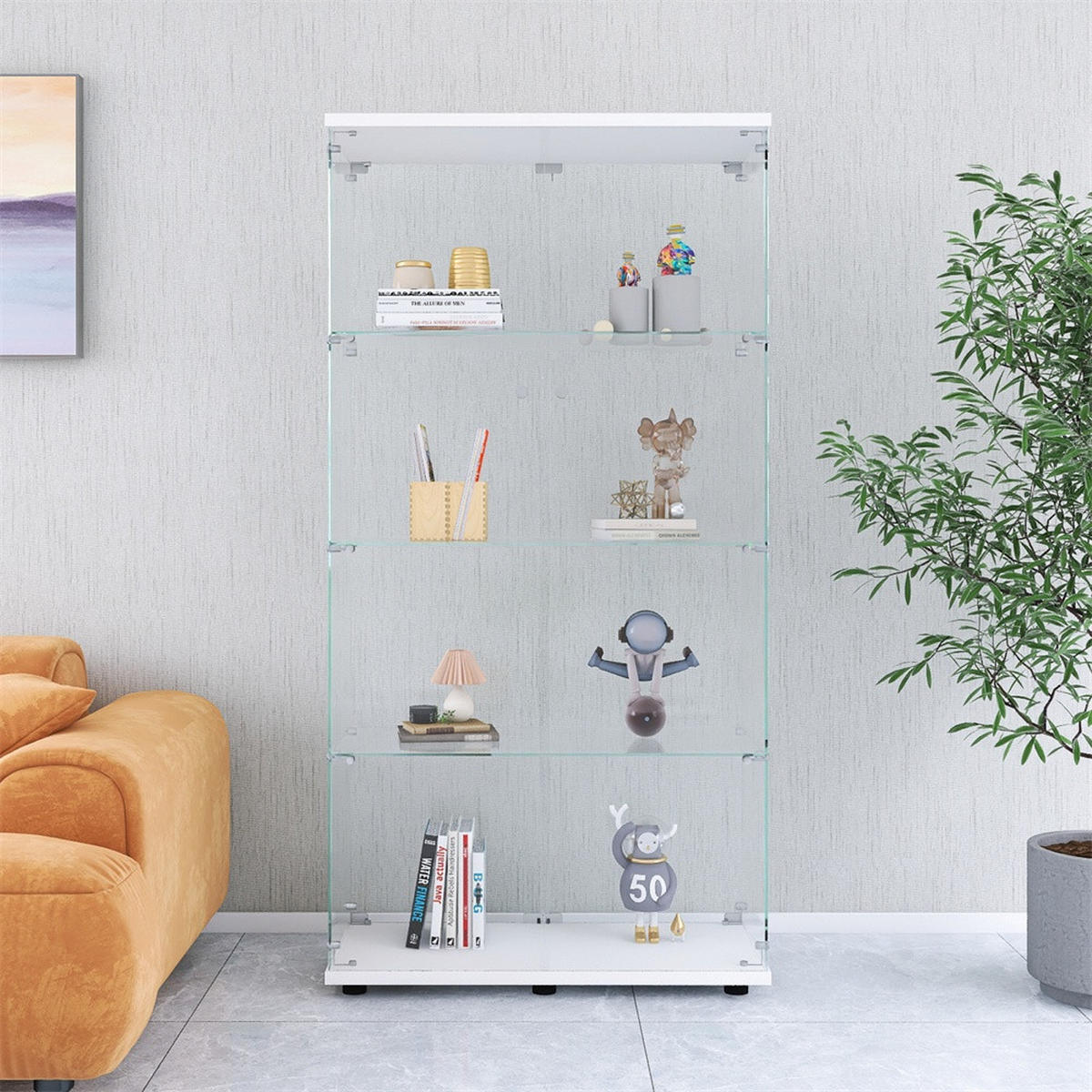 VITRINE - Glasvitrine mit 2 Türen und 4 Ebenen - abschließbar - Weiße Decken- und Bodenplatte - Weiß, Glas (80.5/164.3/36.3cm) - DELFA