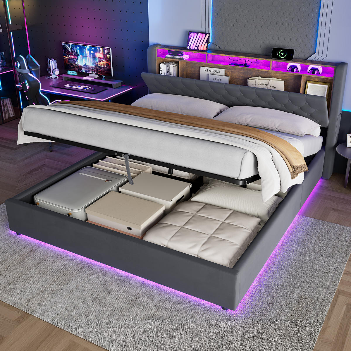 POLSTERBETT 180x200 mit Bettkasten & LED Beleuchtung,mit klappbarem Kopfteil,Grau - Grau, Holzwerkstoff/Textil (180/200cm) - EVRYAE