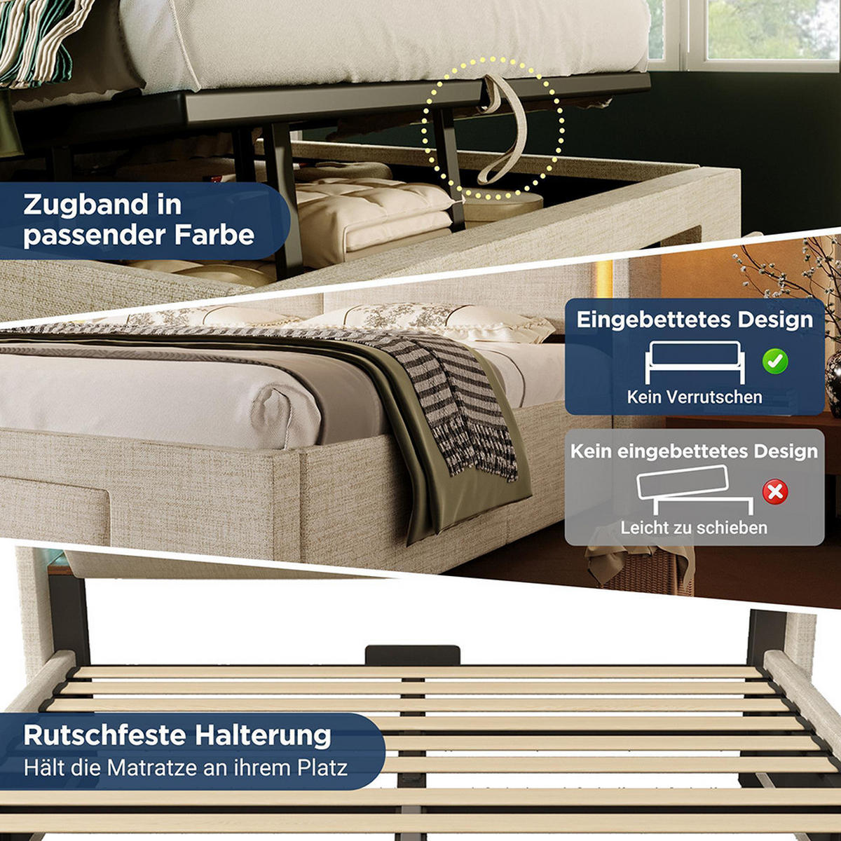 POLSTERBETT 140x200cm in Beige Leinen,ohne Matratze - Beige, Textil (140/200cm)