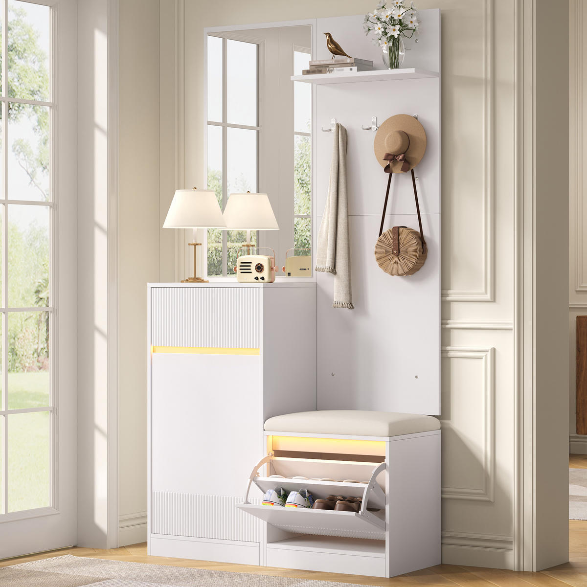 GARDEROBE mit Spiegel, Schuhschrank, Schuhbank und LED - Weiß, Holzwerkstoff (105/190/38cm) - FLIEKS
