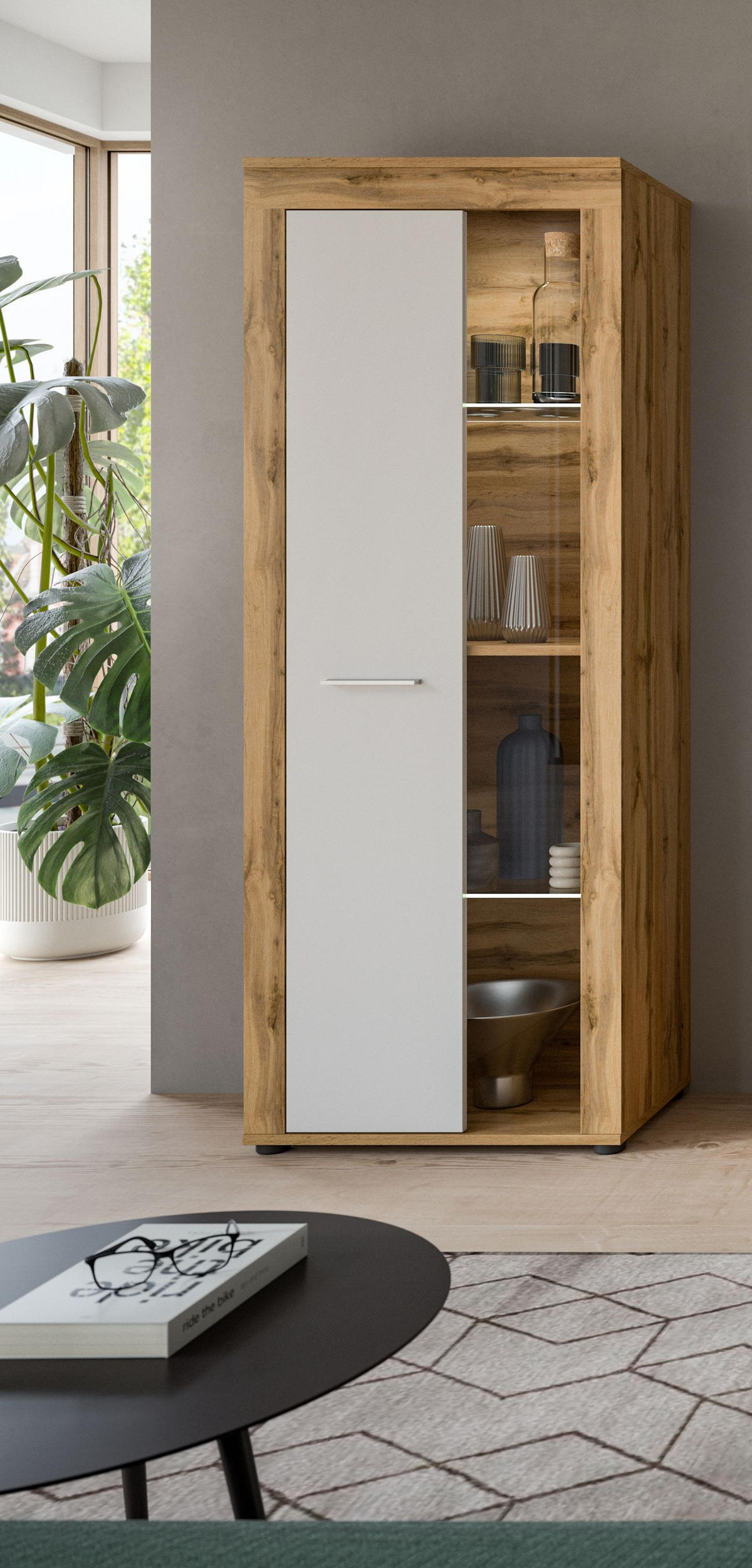 VITRINE JAM (B/H/T: ca. 60/159/35 cm) in Wotan Eiche Nachbildung/weiß - Eiche Wotan, Holzwerkstoff (60/159/35cm)