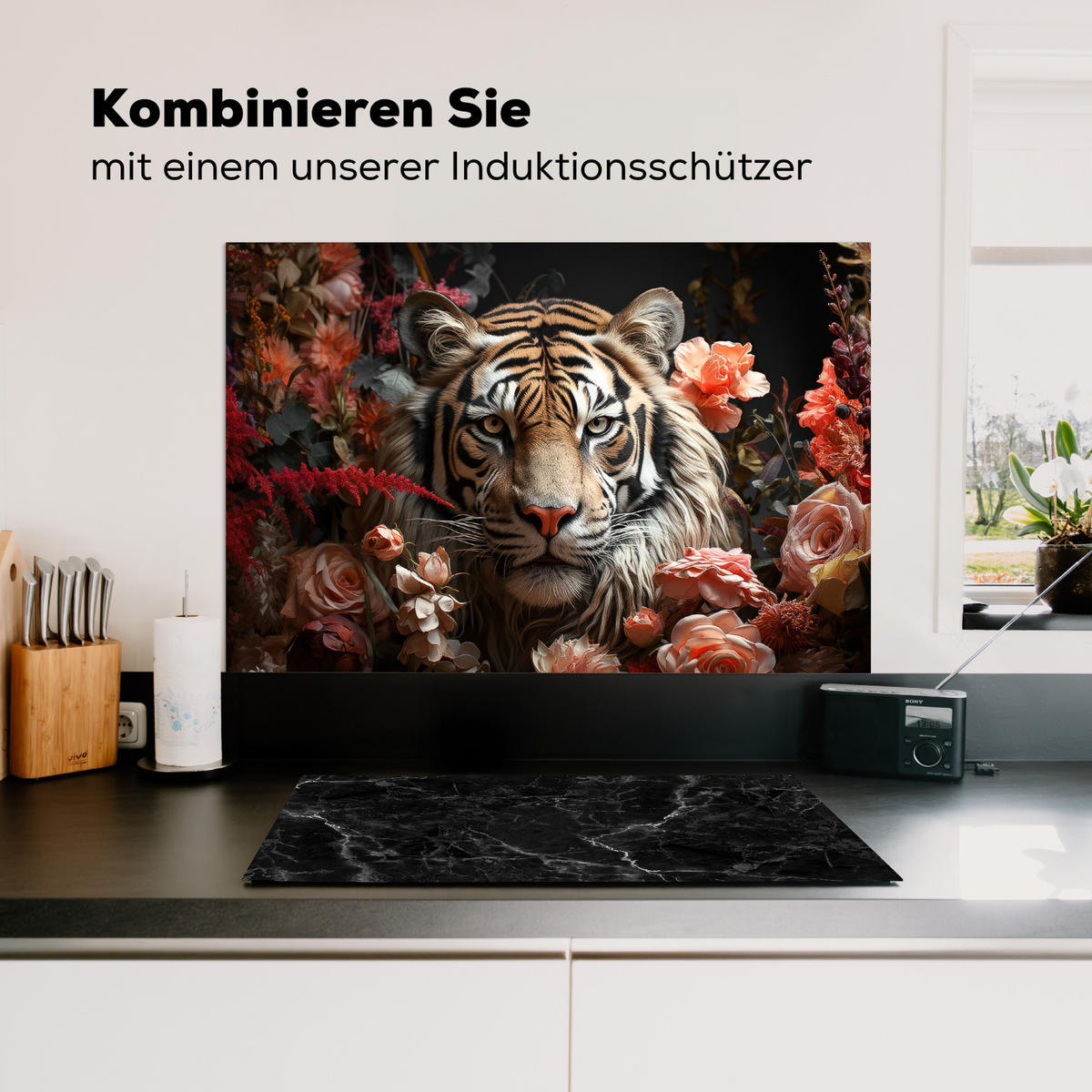 SPRITZSCHUTZ KÜCHE Tiger - Tier - Natur - Floral - Botanisch 90x60 cm - Orange, Metall (90/0.3/60cm) - MuchoWow