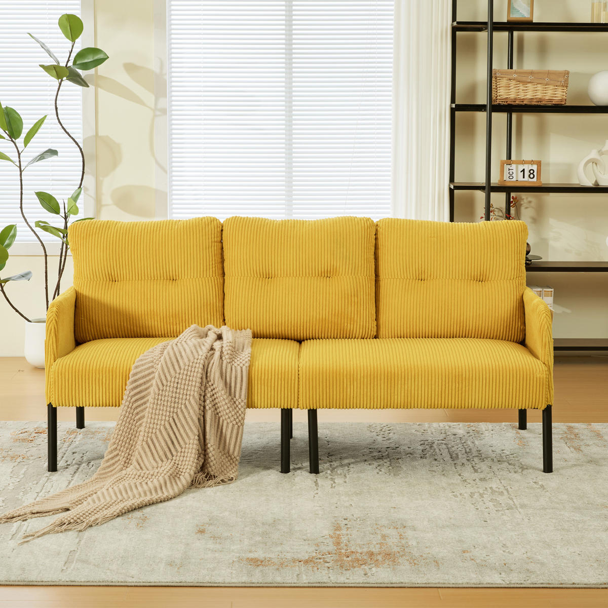 SOFA 3-Sitzer mit Seitentasche 171x72x80 cm Cord Gelb - Gelb, Kunststoff (171/80/72cm) - Meubliv
