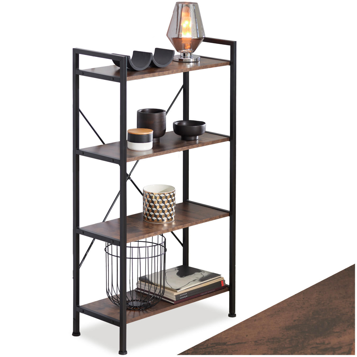 REGAL Leeds,inklusive Kippschutz, 67,5 x 31,5 x 121,5 cm,Industrial Holz dunkel, rustikal - Rostfarben, Holz (31.5/121.5/67.5cm) - tectake