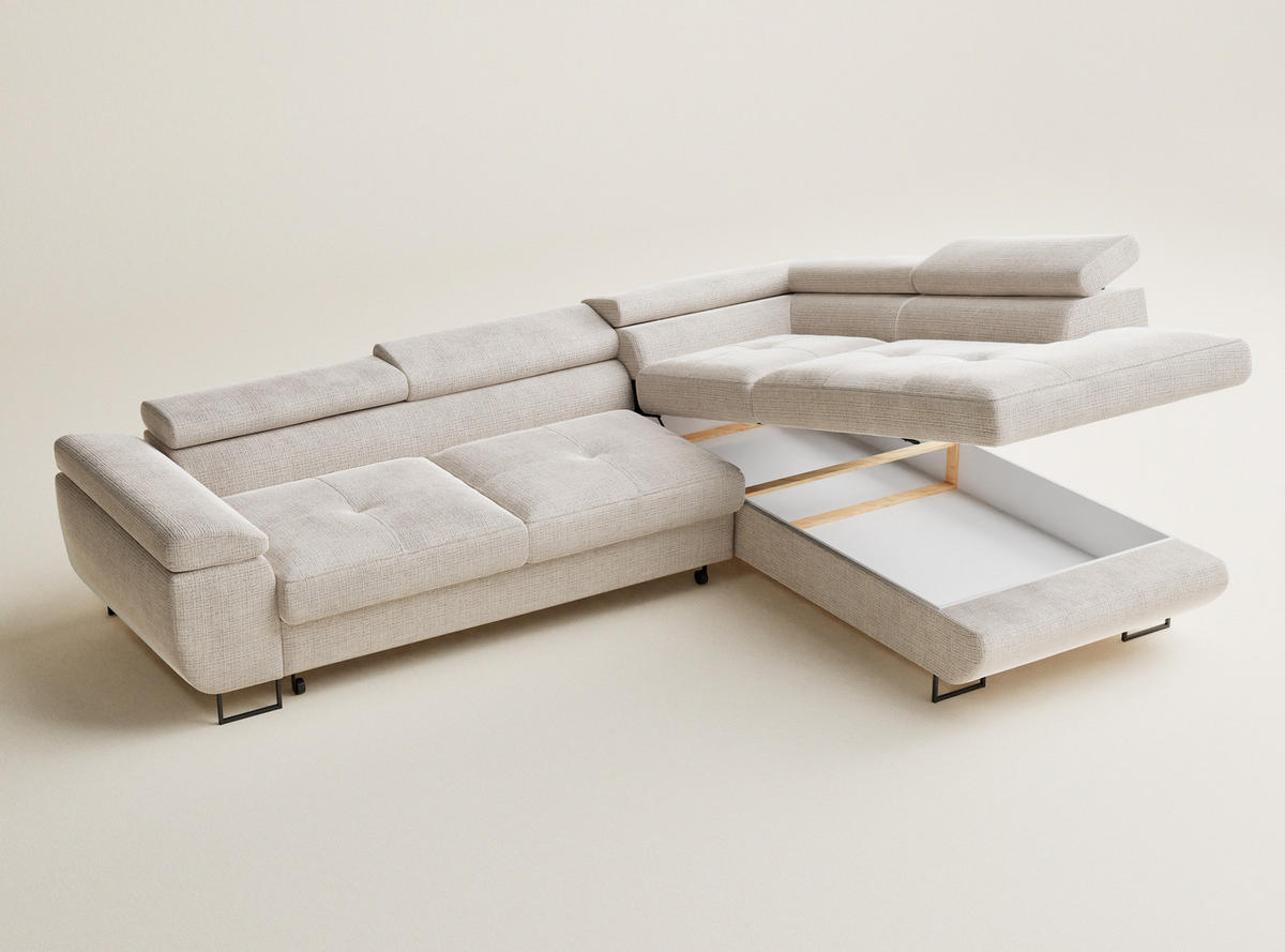 ECKSOFA Concord Creme Chenille-Stoff - Rechts Seite - Creme/Schwarz, Holz/Holzwerkstoff (277/203cm) - Maison de Reve