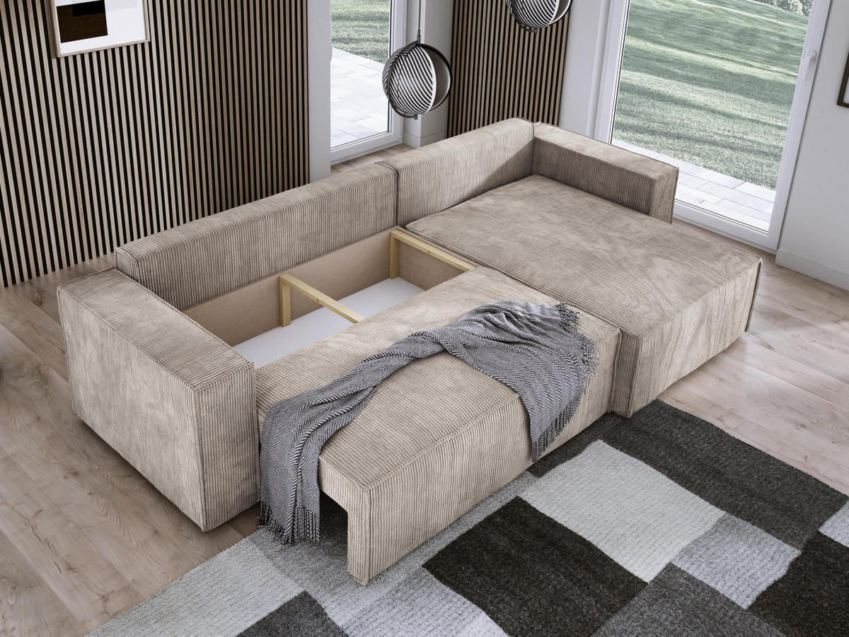 ECKSOFA POSO XL UNIVERSAL, Schlaffunktion und Lattenrost - L-Form, Cord, Federung auf Wellfedern, 274x143x83 cm, Rechts Beige - Beige, Holz/Textil (277/143cm) - DomoHome