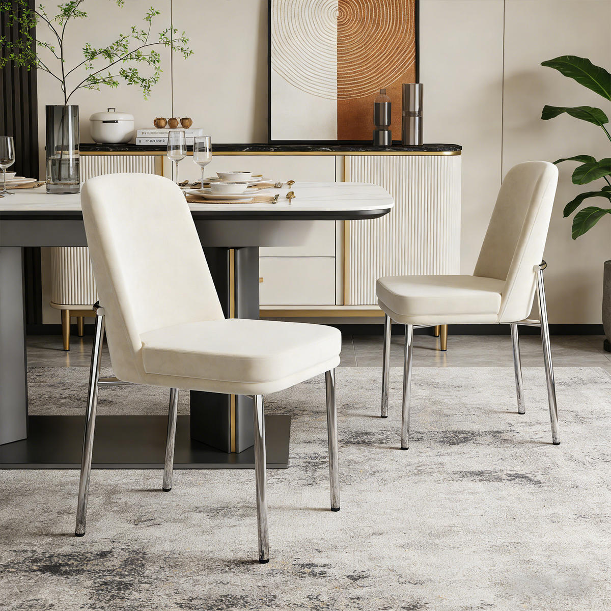 ESSZIMMERSTÜHLE 2er-Set aus Samt, Beige, dicke Polsterung und silberfarbene Metallbeine – Moderner Stil - Beige/Silberfarben, Textil/Metall (48/82/48cm) - Meubles Cosy