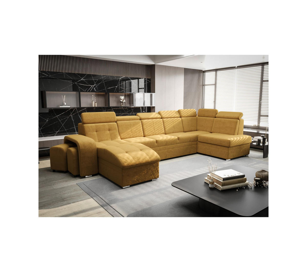 WOHNLANDSCHAFT KONGO RBN13, Eckcouch in U-Form mit Schlaffunktion, Farbe: Gelb, Velourstoff, Ottomane Links - Gelb, Textil (392/108/180cm) - O-Sofa