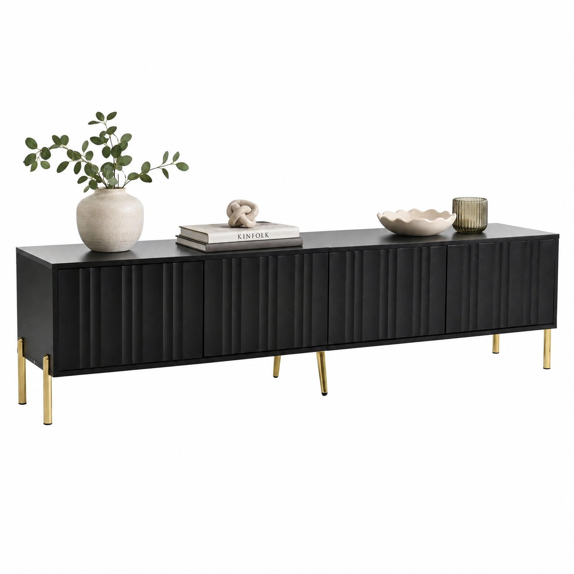 TV-LOWBOARD aus MDF und Spanplatte 190x38x48 cm Schwarz mit 4 Türen und goldfarbenen Füßen - Schwarz, Holzwerkstoff (190/48/38cm) - IVMEU