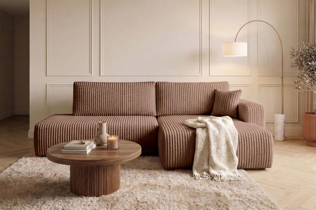 ECKSOFA Mit Schlaffunktion Und Bettkasten, Cordstoff Tilia, Braun, Rechts, OPEN XL - Braun, Holz (262/145cm) - Kaiser Möbel