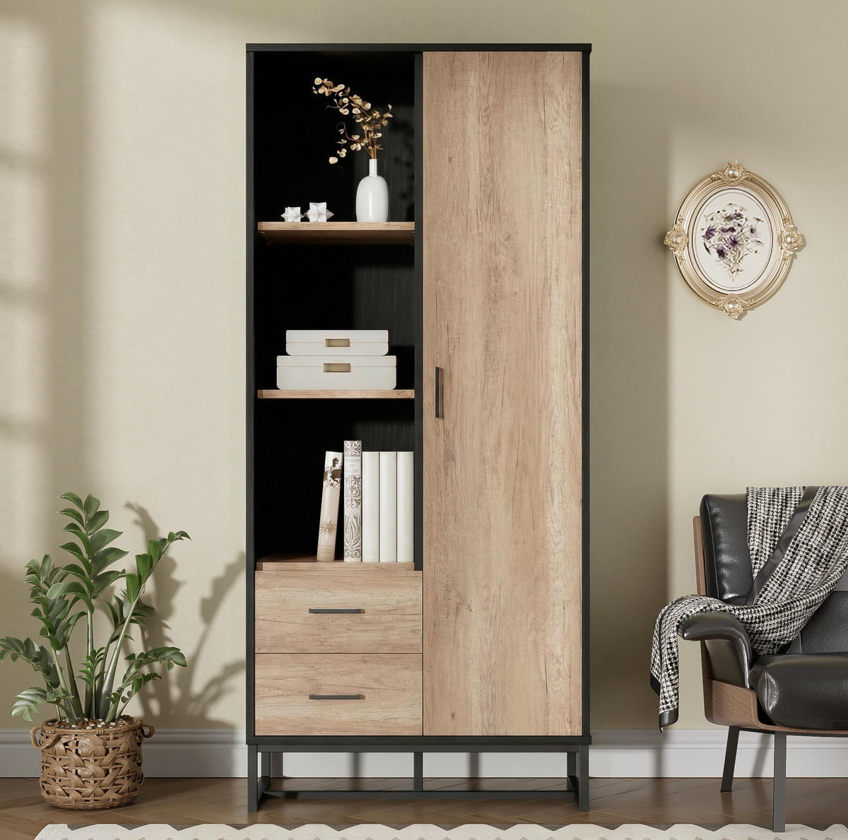 HIGHBOARD 80/40/180 cm mit 1 Tür, 2 Schubladen und 3 offenen Fächern, MDF in Holzfarbe/Schwarz - Schwarz, Holzwerkstoff (80/180/40cm) - Redom