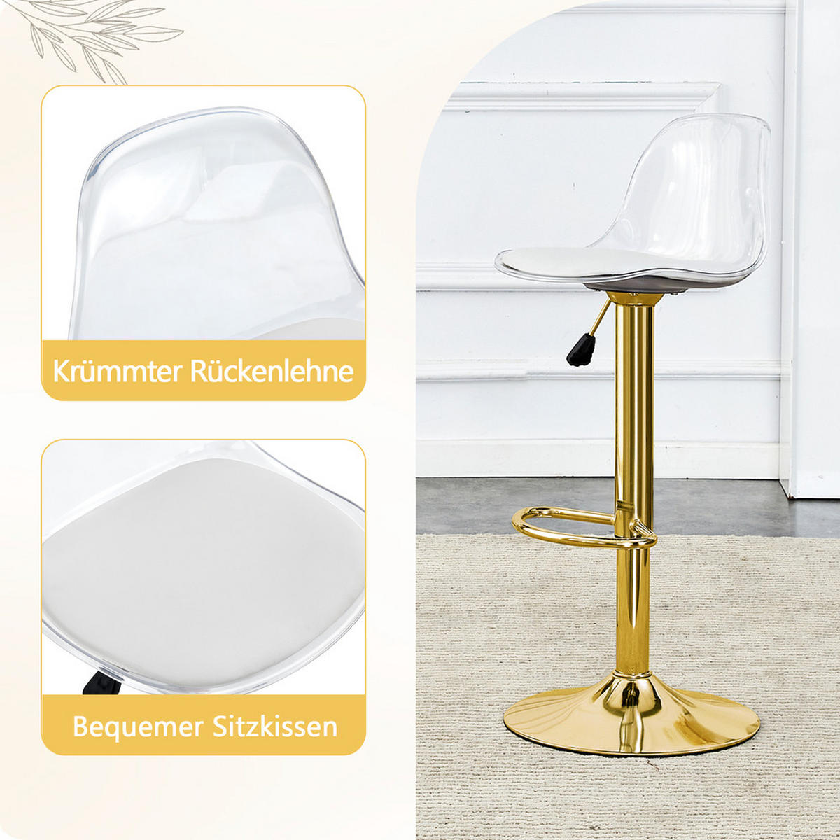 TISCHGRUPPE 3-tlg 2 Hockern Gold 89 cm - Transparent/Goldfarben, Glas/Metall (93/6/93cm) - Raelunyi