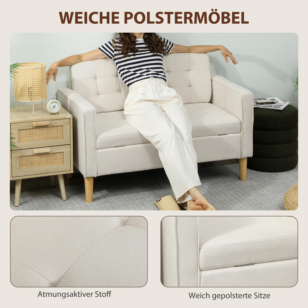 2 Sitzer Sofa, Couch mit Stauraum, Holzbeine, Gepolsterter Polstersofa, Cremeweiß - Eukalyptusholzfarben/Creme, Holz/Textil (62/78/117cm) - HOMCOM