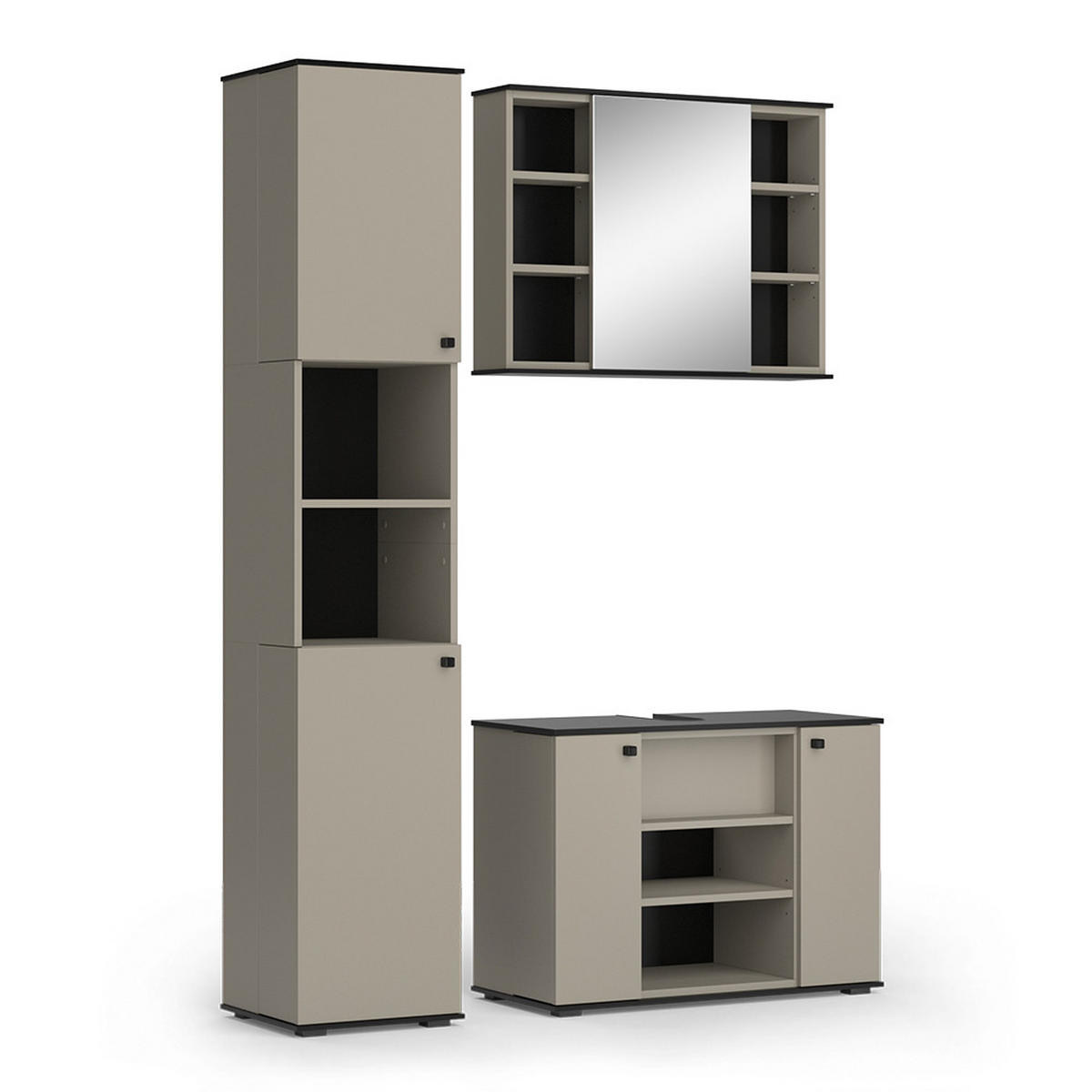BADMÖBEL-SET Joli Greige 3 Teile, mit Hochschrank - Greige/Schwarz, Holzwerkstoff (80/59/37cm) - Vicco