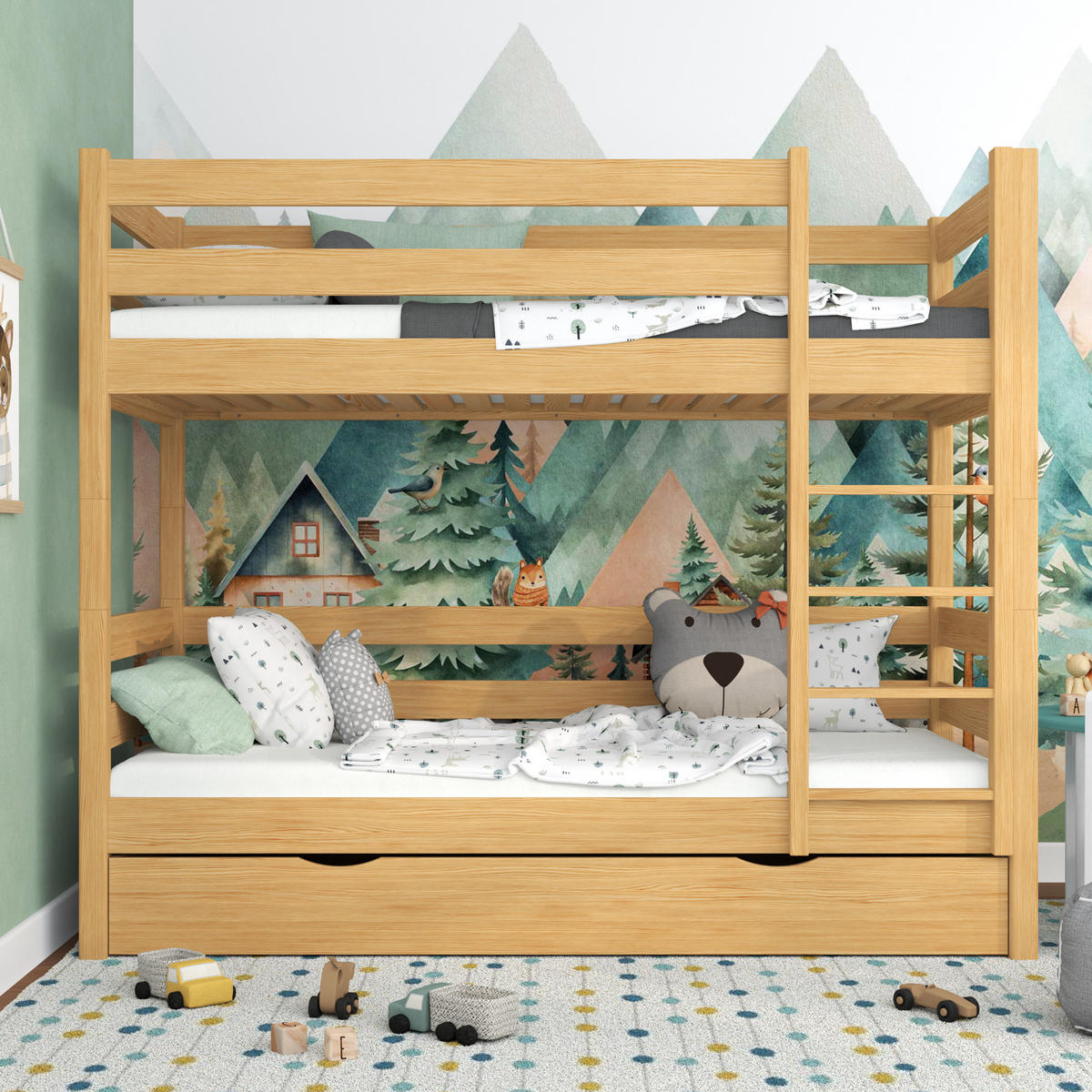 ETAGENBETT N01 mit Schublade Naturkiefer 120/190 - Hellbraun, Naturmaterialien/Holz (120/190cm) - N-Wood