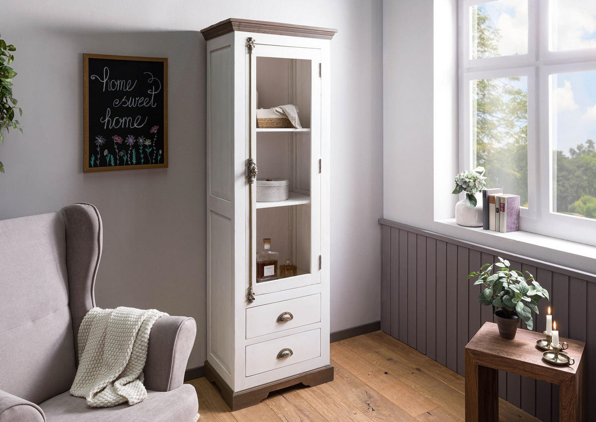 VITRINE Mango 65x45x190 weiß lackiert TOULOUSE #102 - Weiß, Holz (65/190/45cm) - Massivmoebel24