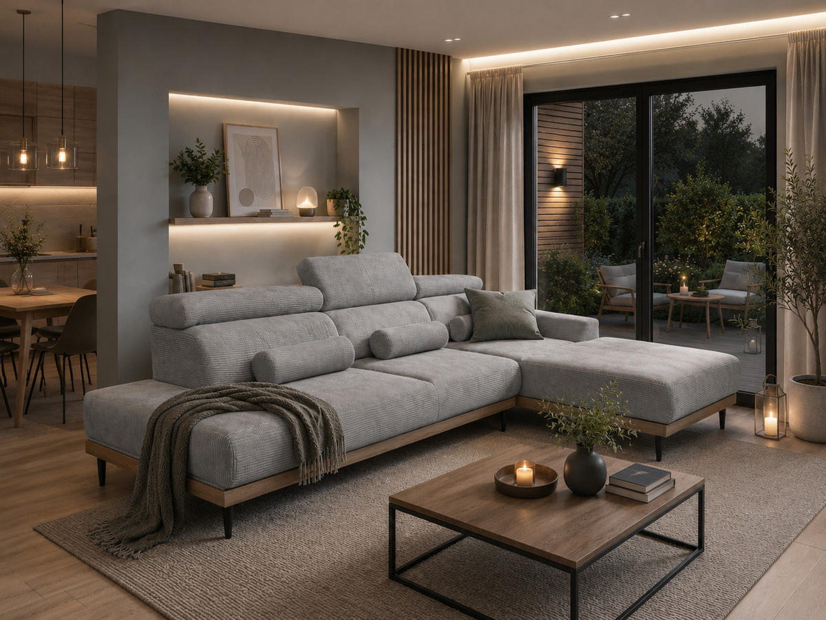 ECKSOFA MONTERO rechts, hellgrau, elektr. Sitztiefe & Kopfstützen - Hellgrau/Schwarz, Textil/Metall (316/205cm) - KS Home Concept