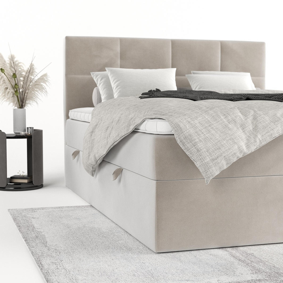 BOXBETT Oris 180/200 cm Hellbeige im Paros Stoff - Beige/Schwarz, Holz/Holzwerkstoff (180/200cm) - AltaBeds