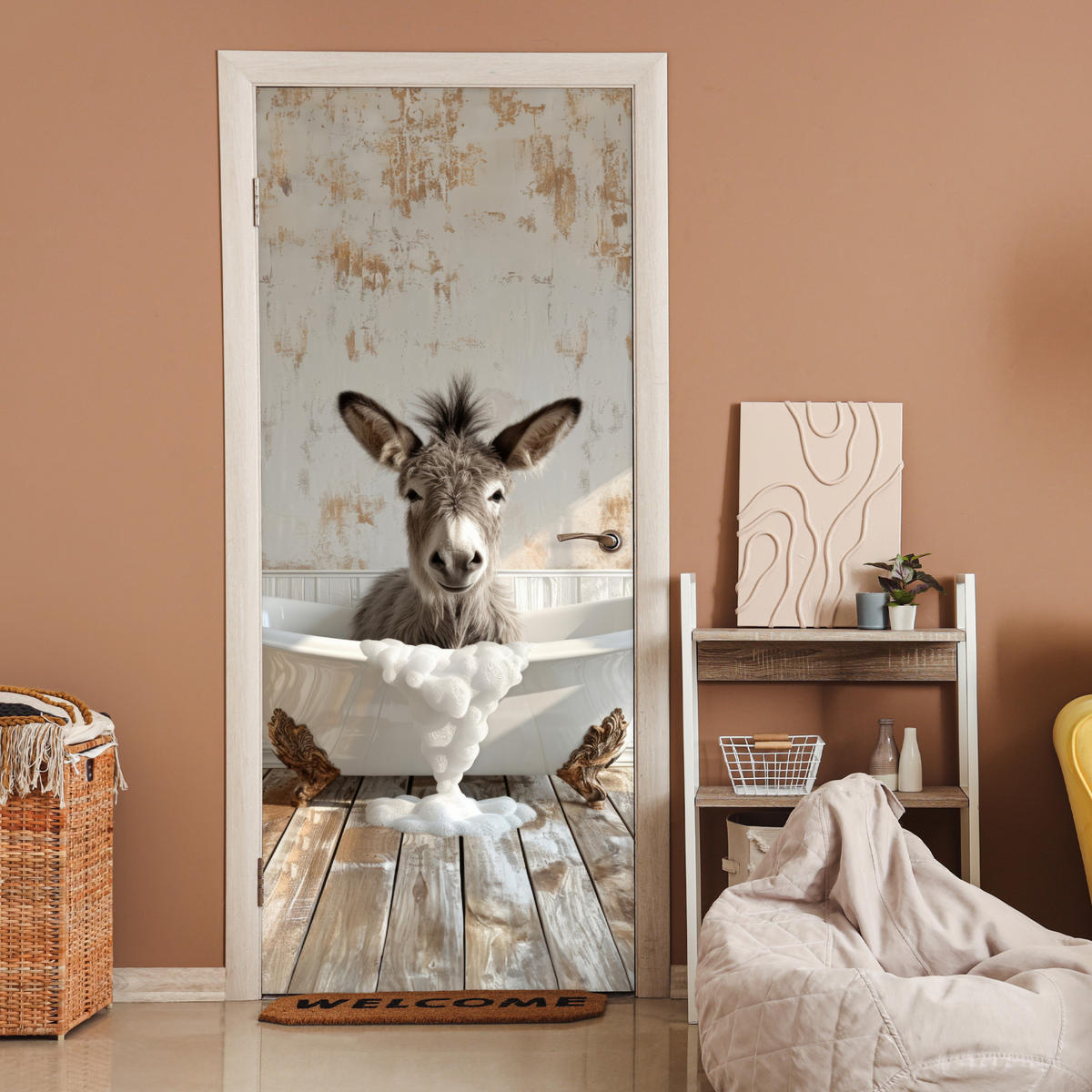 TÜRAUFKLEBER Selbstklebend - Esel - Tier - Vintage - Badewanne 95x215 cm - Türtapete - Eukalyptusholzfarben, Kunststoff (95/0.1cm) - MuchoWow