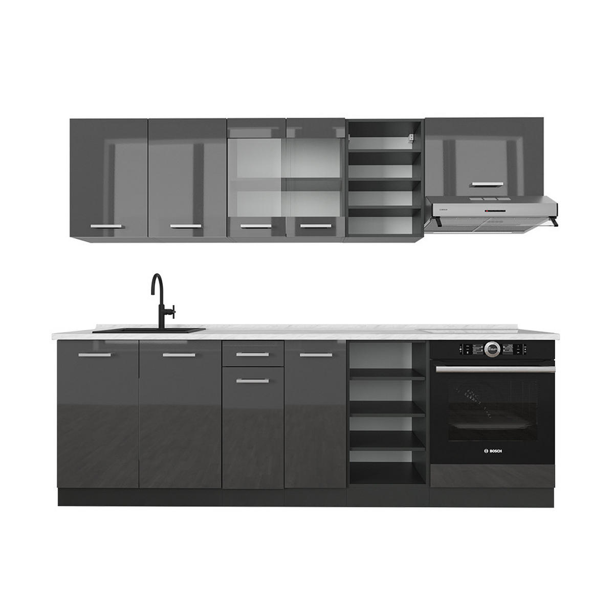KÜCHENZEILE R-Line Anthrazit Hochglanz/Anthrazit 240 cm , AP Marmor - Anthrazit, Holzwerkstoff (240/81.6/60cm) - Vicco