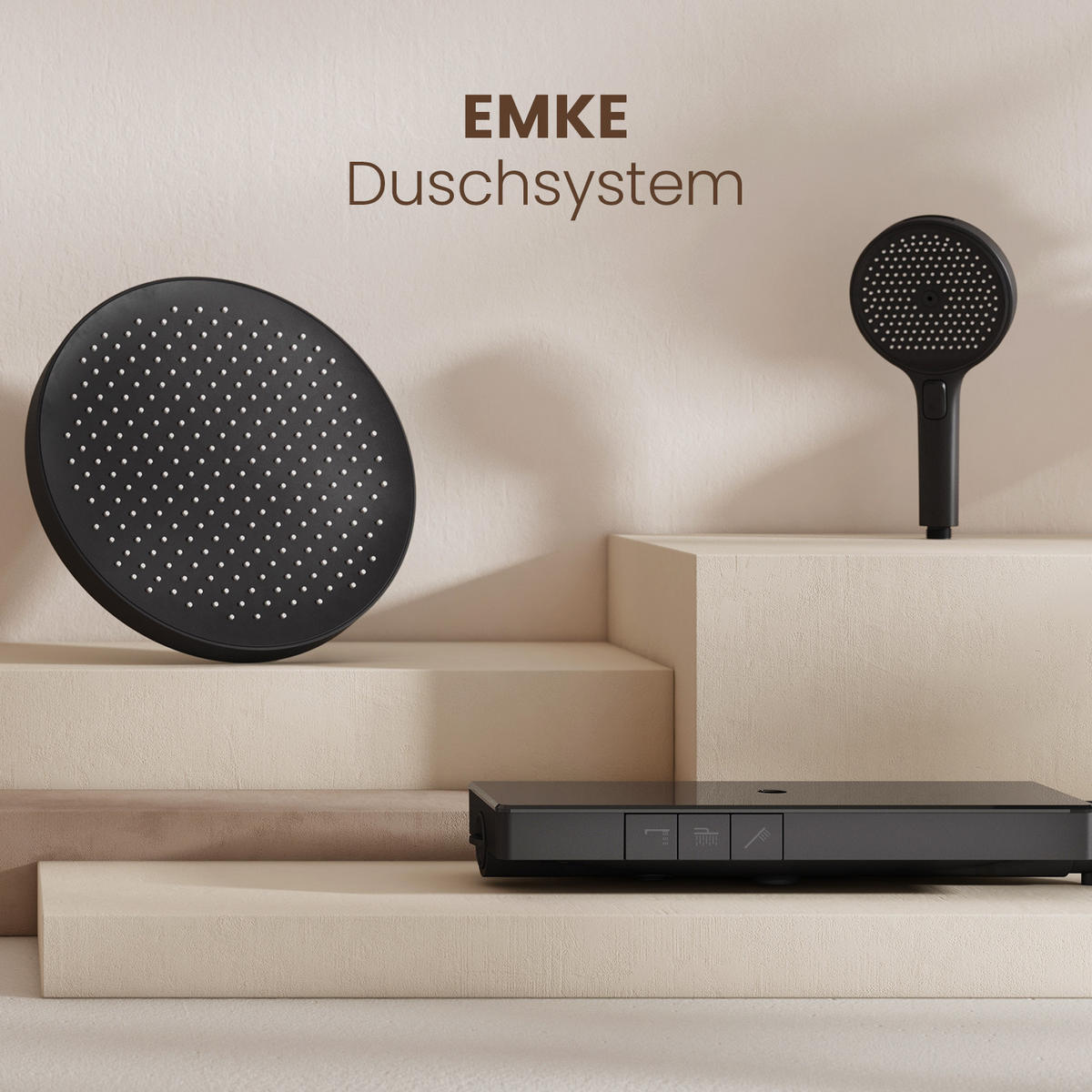 ÜBERKOPFBRAUSESET mit Thermostat Drei Wasserauslassmethoden Schwarz - Schwarz, Metall (13.5/106/44.6cm) - EMKE